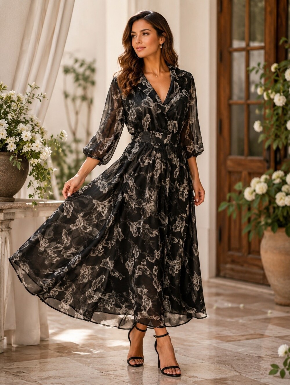 Boutique NWOT Black Sheer Floral Midi Dress Romantic, Special Occasion Sz M